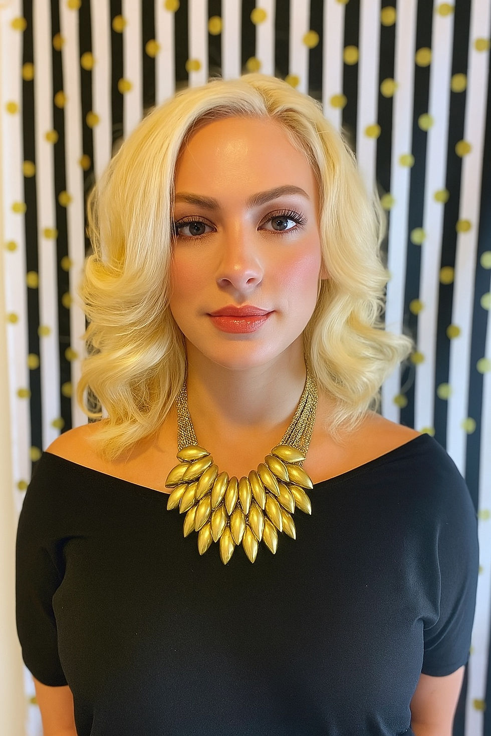 Woman with blonde hair models a gold statement necklace