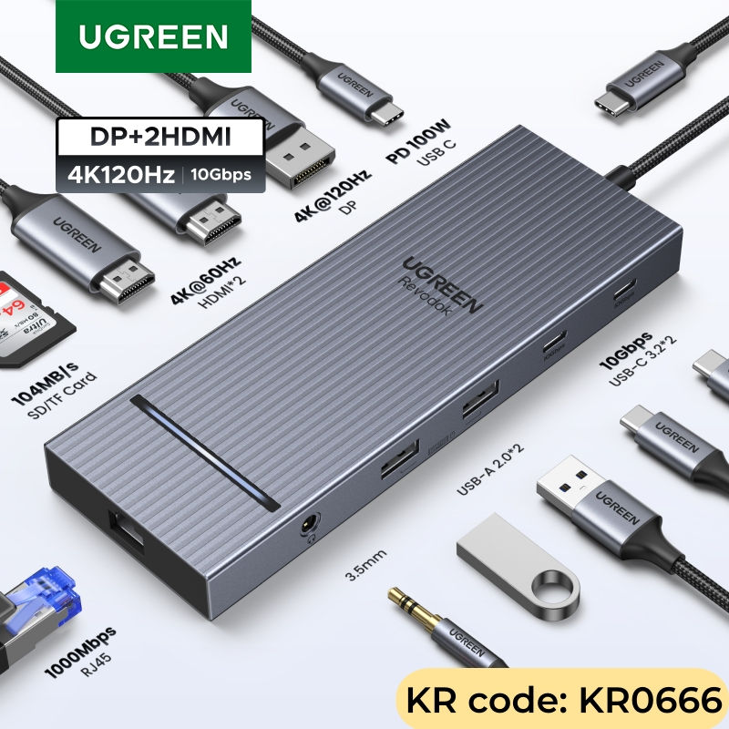 UGREEN 12-in-1 USB HUB Type-C to 2HDMI 4K120Hz DP USB3.2 10Gbps SD/TF RJ45 PD100