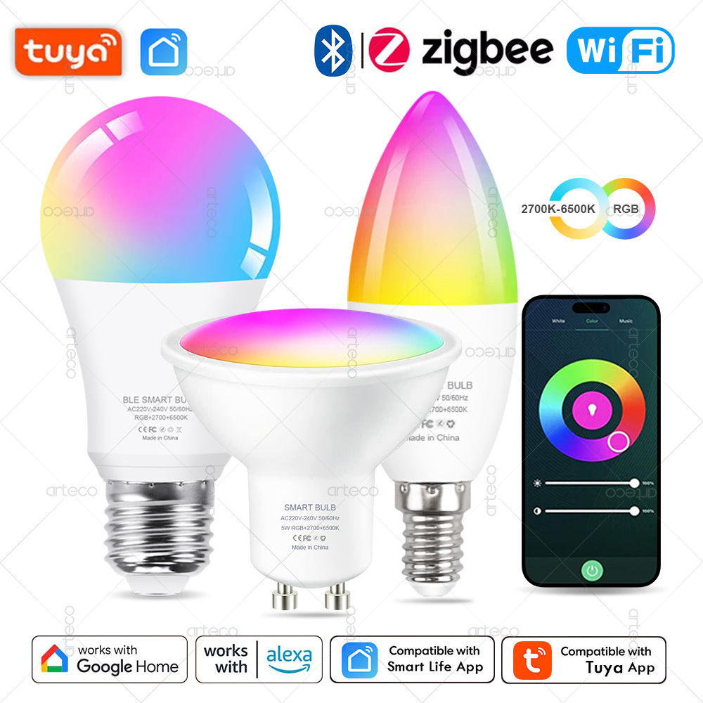 Tuya E27 E14 GU10 Bulb WIFI Zigbee Bluetooth,Dimmable Smart LED Lamp 2700-6500K