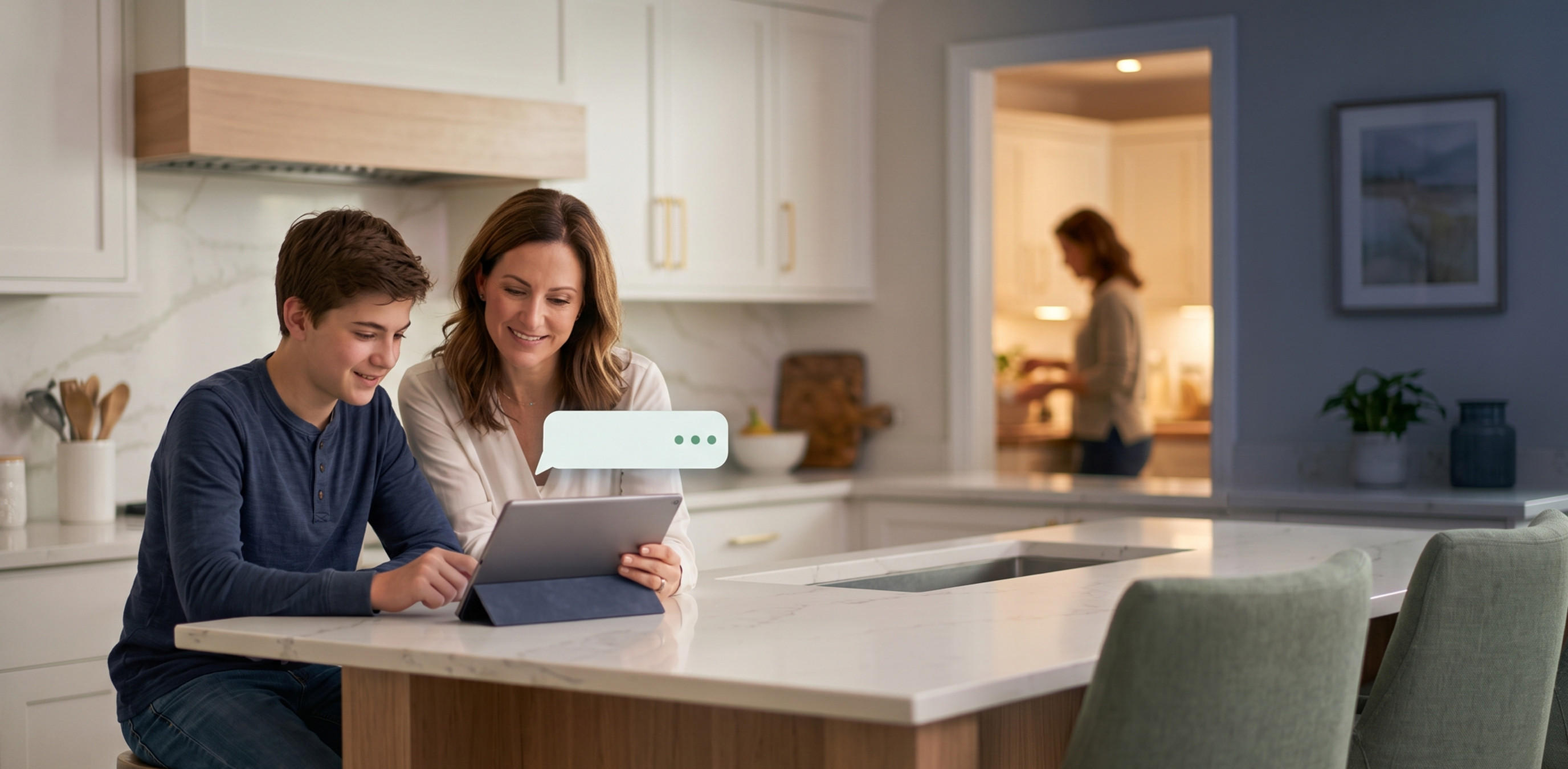 Mother and teenage son looking at a tablet together discussing AI safety, chatbot settings, and digital tools for teenagers at home.