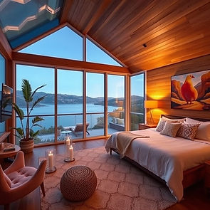 Luxury VRBO bedroom with panoramic lake views, warm wood interior, and cozy décor at sunset.