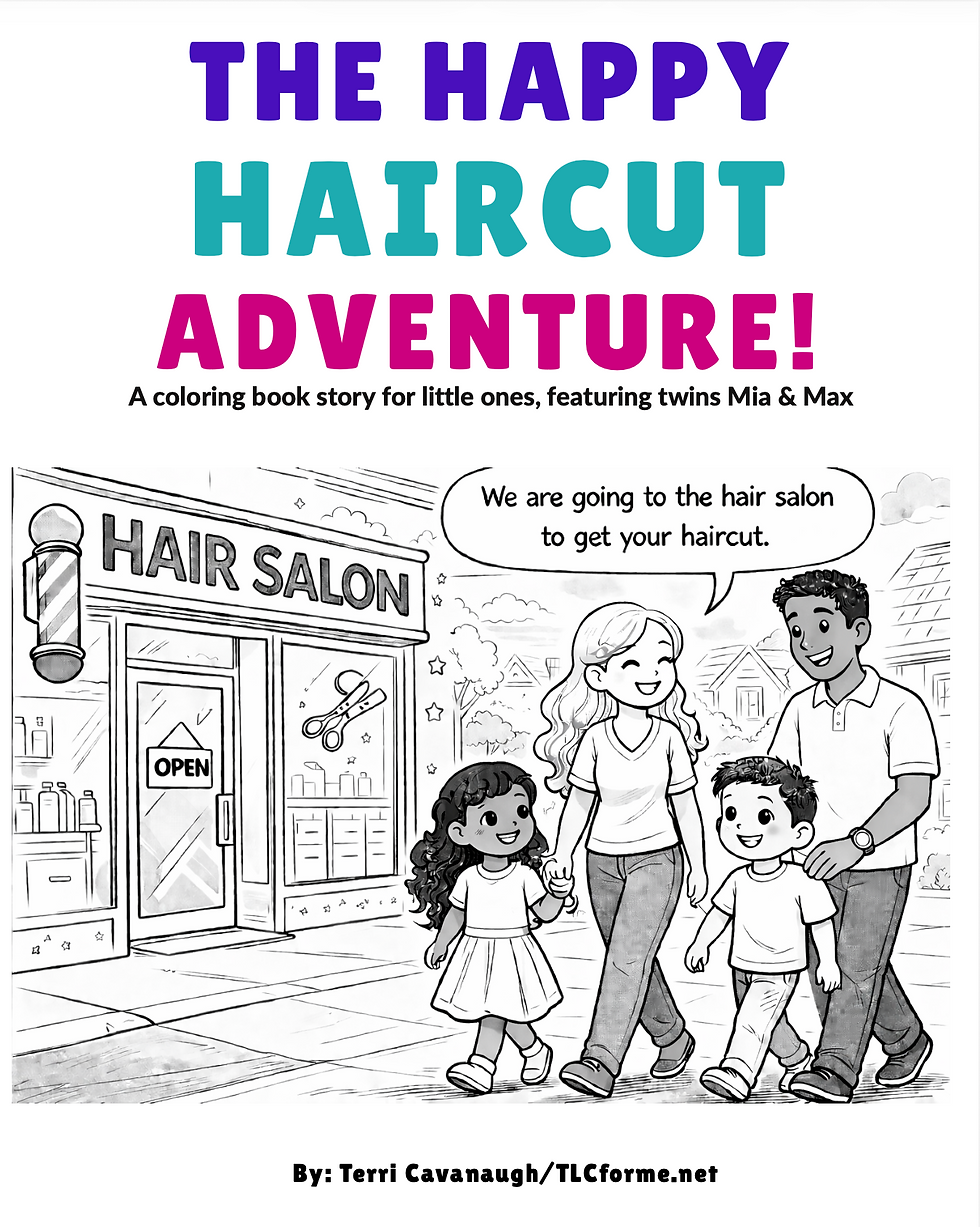 Cover of The Happy Haircut Adventure coloring storybook featuring twins Mia and Max, a kids' book about haircut day