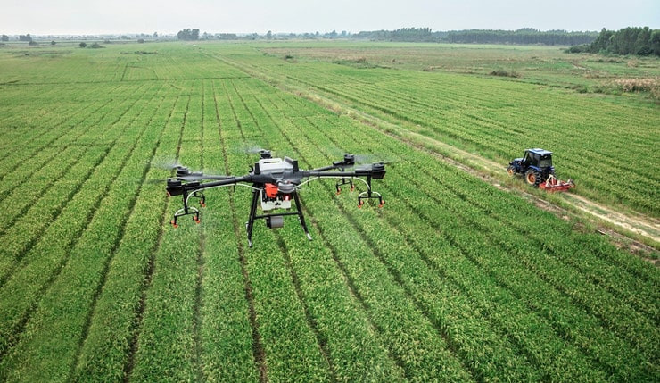 A high-tech drone capturing the open fields on a gorgeous farm