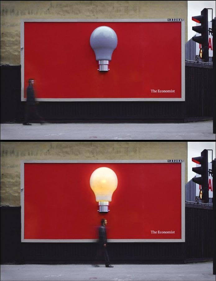 the inventive light bulb billboard produced by Adam Vickers BBDO by The Economist to better promote their magazine