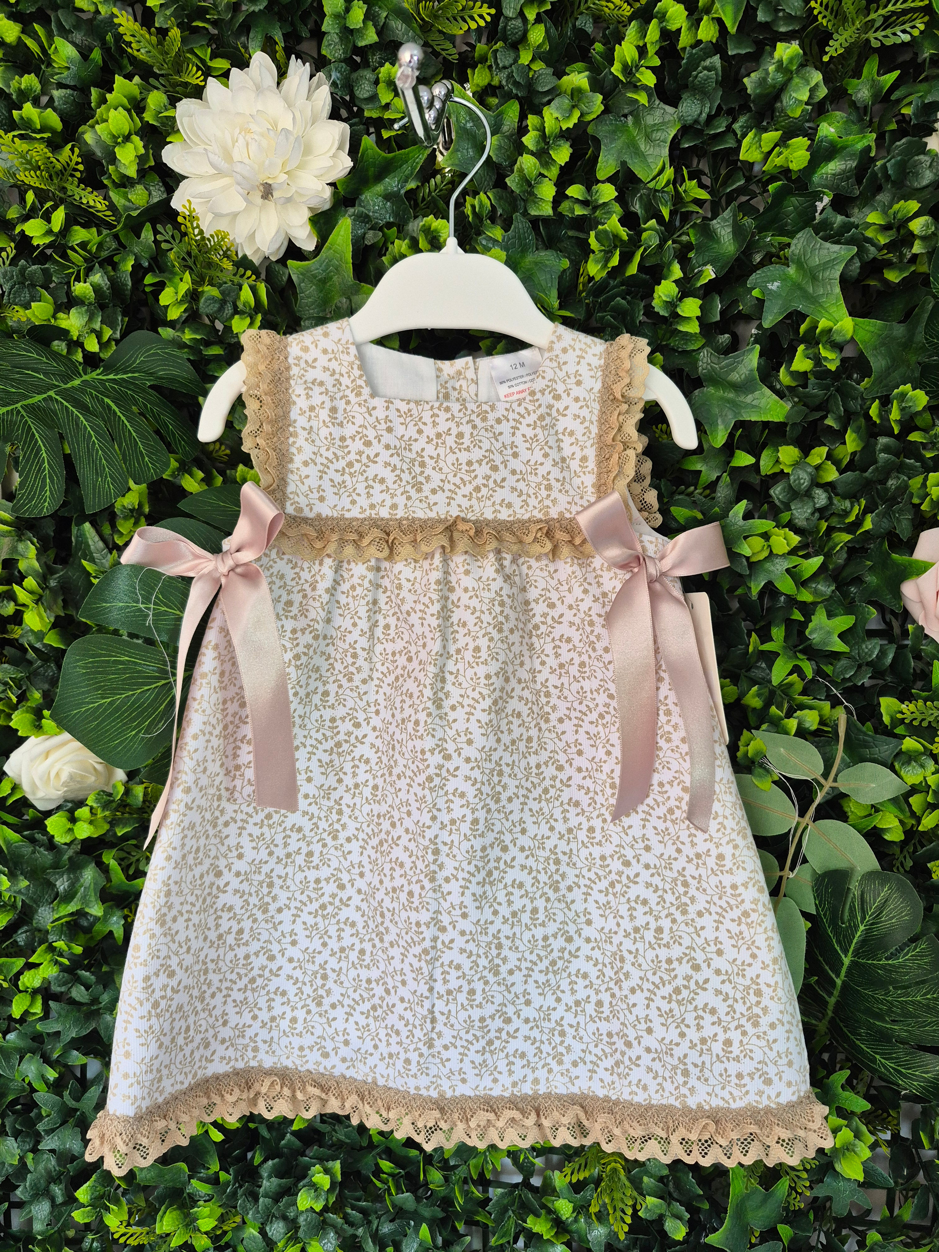 BEIGE RIBBON TRIM FLORAL DRESS WITH BOWS 