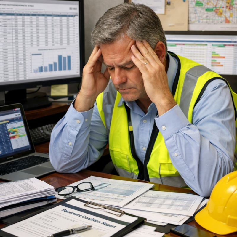 A frustrated public works director as he sits and looks through all of the city's scattered road data. He knows the city is stuck in reactive mode.