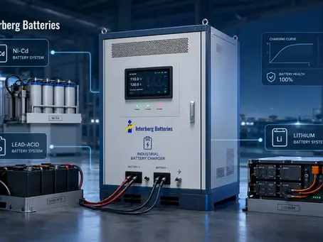 Industrial battery charger connected to Ni-Cd, lead-acid and lithium battery systems in a technical energy storage facility.