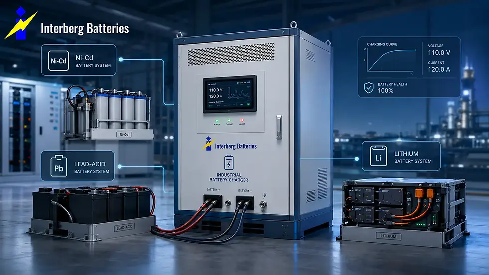 Industrial battery charger connected to Ni-Cd, lead-acid and lithium battery systems in a technical energy storage facility.