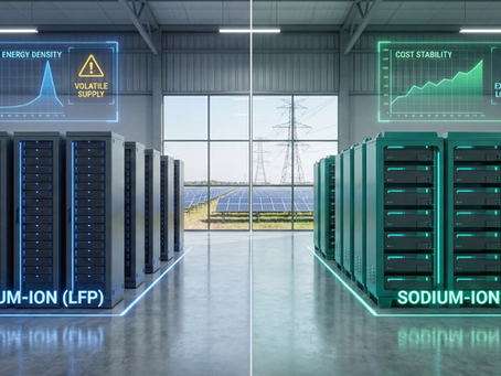 Side-by-side comparison of industrial battery energy storage systems showing Lithium-Ion (LFP) racks and Sodium-Ion (Na-ion) racks in a modern facility, highlighting energy density, supply volatility, cost stability and low-temperature performance.