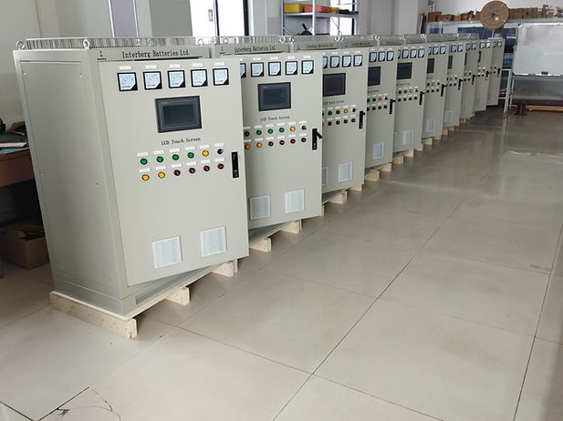 Multiple Interberg industrial battery chargers prepared for project delivery.