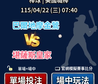 ✅ 運彩分析|04/22(三) 07:40 美職 金鶯 vs 皇家 運彩單場+場中投注推薦