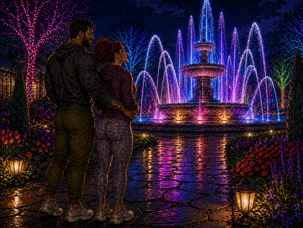 Romantic night by the illuminated fountain