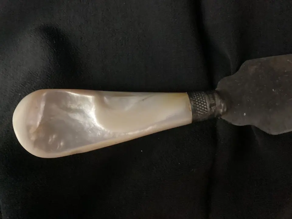 Thumbnail: Antique Bread Knife Serrated Enron Mother Of Pearl Handle 1900’s