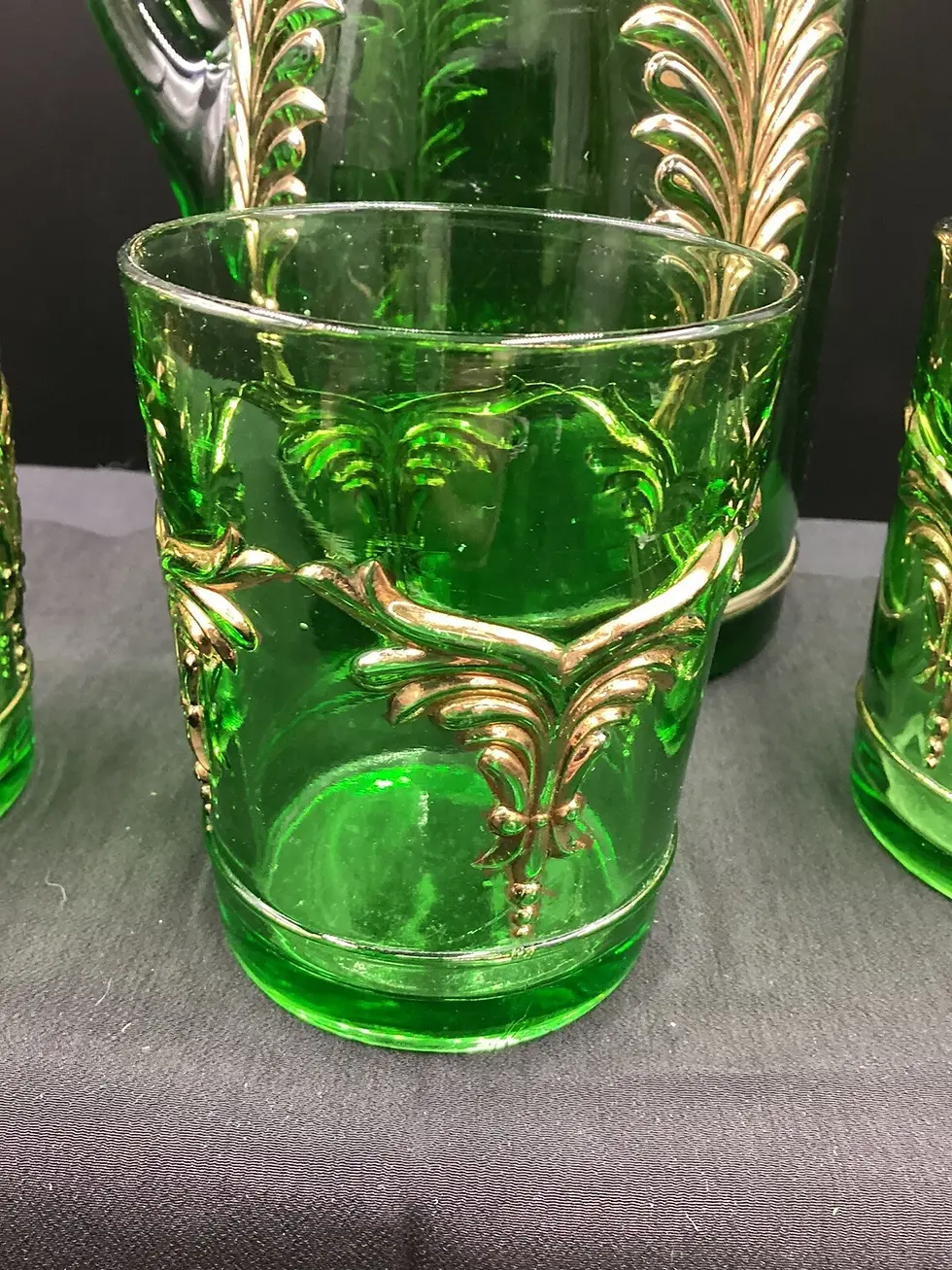 Thumbnail: Antique Heisey Emerald Green Glass Tankard Jug With 3 Glasses Set 1900’s EAPG
