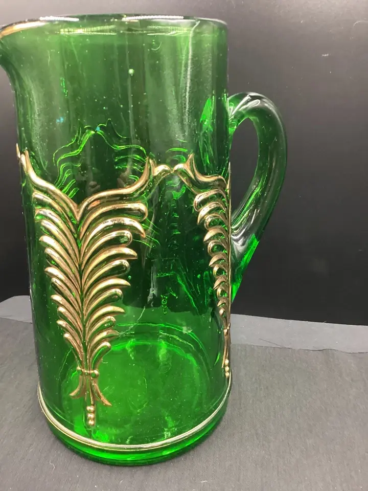 Thumbnail: Antique Heisey Emerald Green Glass Tankard Jug With 3 Glasses Set 1900’s EAPG