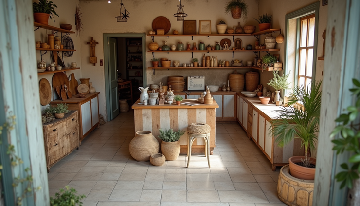 High angle view of a small shop interior with handmade beach crafts and local products