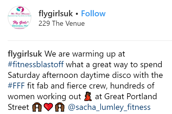We are warming up at the Fitness Blastoff. What a great way to spend Saturday afternoon. A daytime disco with the fit, fab and firece crew, hundreds of women working out at Great Portland Street.