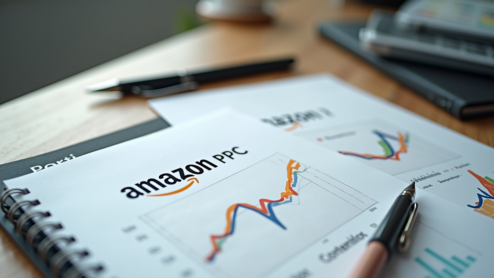 High angle view of a desk with printed Amazon PPC reports and a pen