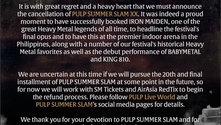 Cancellato il primo concerto degli Iron Maiden nelle Filippine!