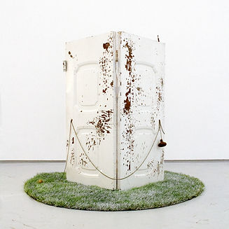 HimekaMurai_AnymoreDoor_BackSide_2024_found object, chain, door knobs, chiffon, thread, sa