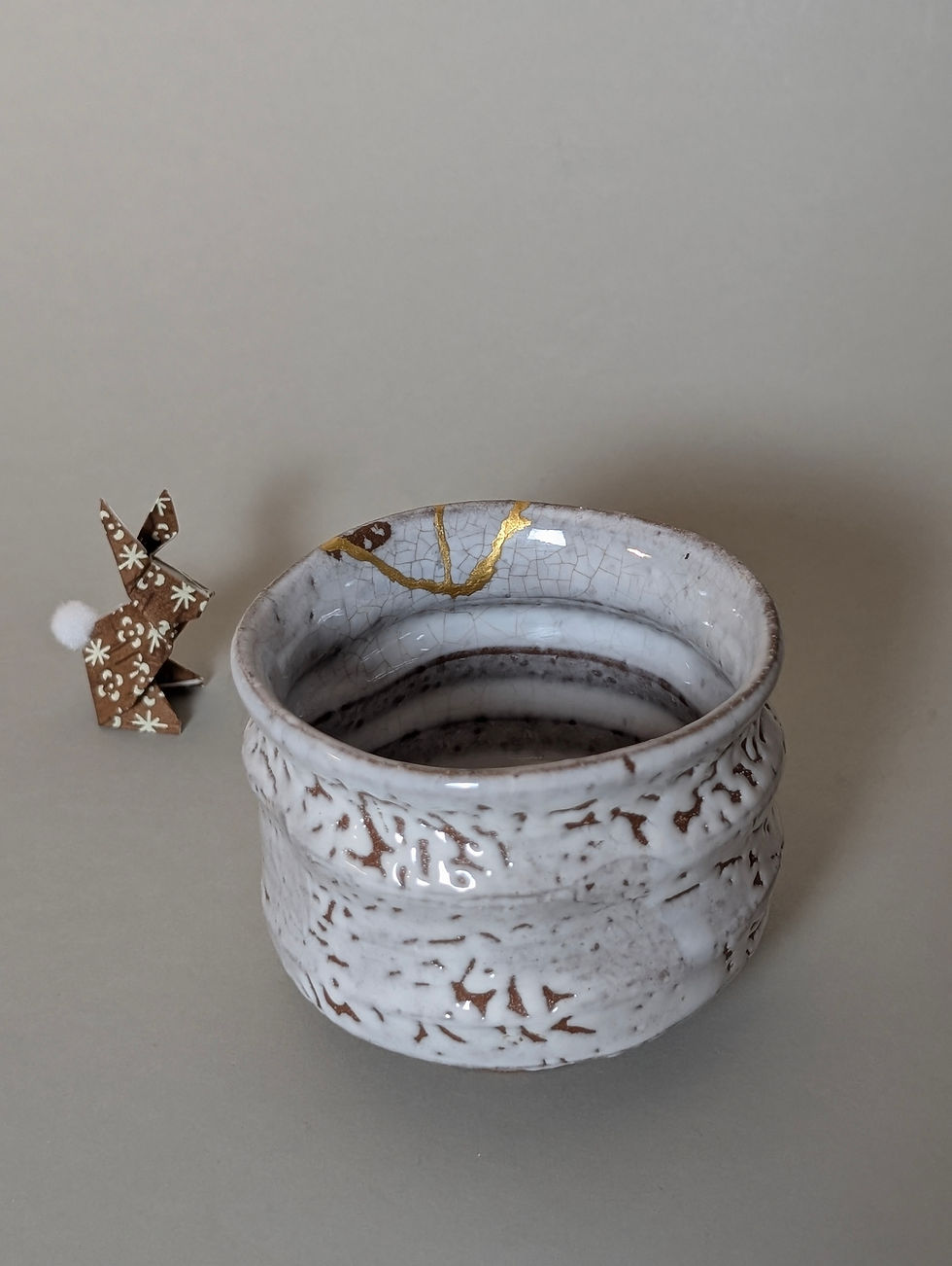 Miniature : Petit Chawan blanc Hagi-Yaki - Kintsugi Traditionnel Japonais - Or 23K - 3