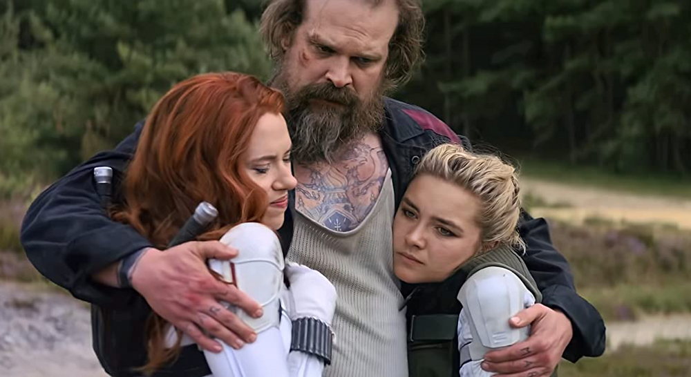 Scarlett Johansson, David Harbour, and Florence Pugh in Black Widow c/o Marvel