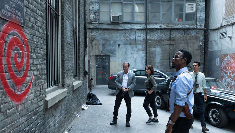 Richard Zeppieri, Edie Inksetter, Chris Rock, and Max Minghella in Spiral c/o Lionsgate