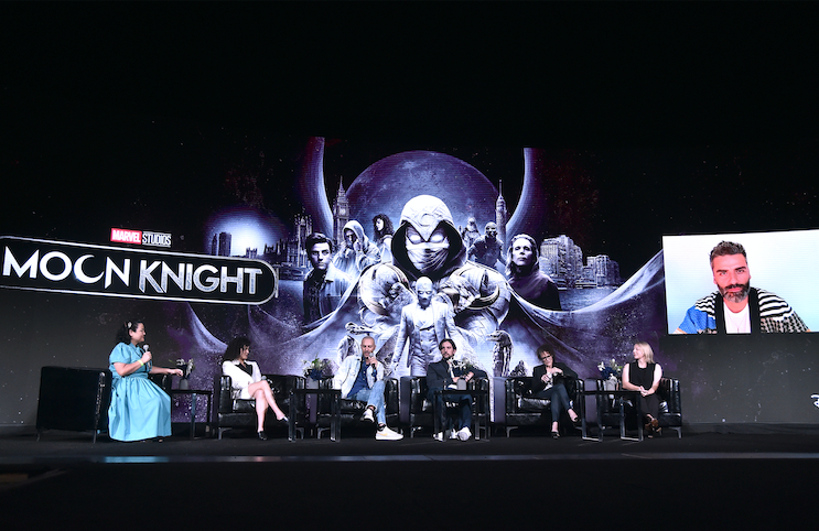 (L-R) Moderator Jenelle Riley, May Calamawy, Mohamed Diab, Jeremy Slater, Stefania Cella, Meghan Kasperlik, & Oscar Isaac (via video) / Alberto E. Rodriguez / Getty Images for Disney