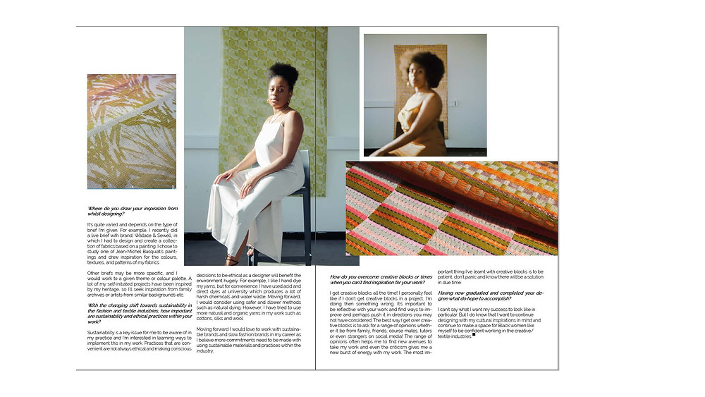 A spread from Abdi's magazine, including photos taken by him of a textile artist