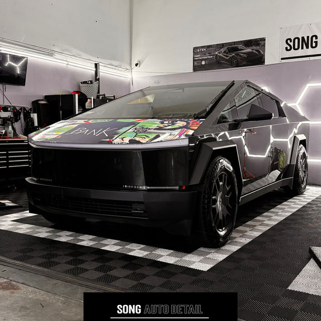 Tesla Cybertruck with custom graffiti hood in detail shop | Song Auto Detail, Santa Clara CA