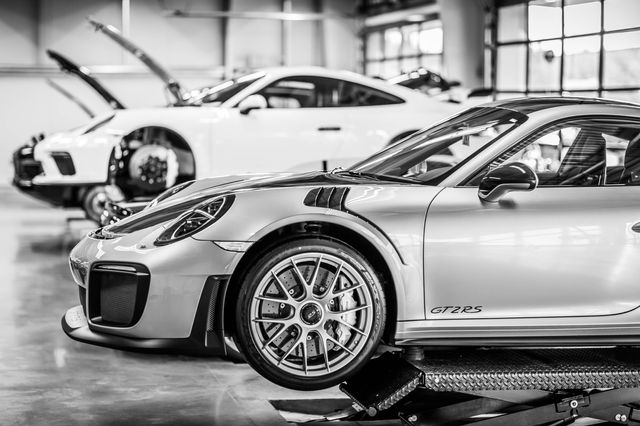 Porsche 911 GT2 RS on a shop lift in a garage | Song Auto Detail, Santa Clara CA