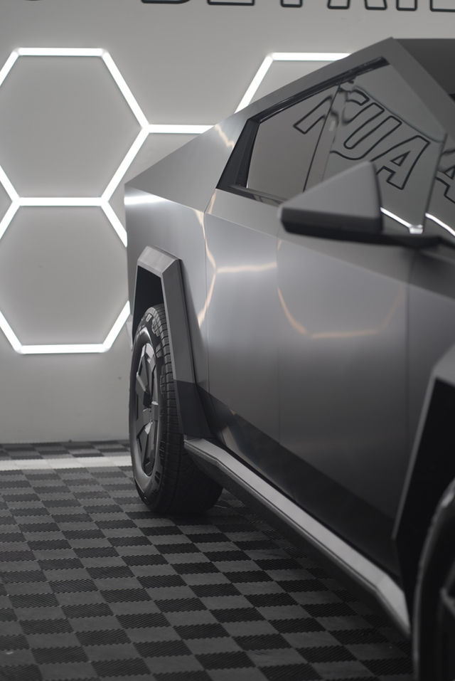 Close-up of a Tesla Cybertruck with honeycomb lights | Song Auto Detail, Santa Clara CA