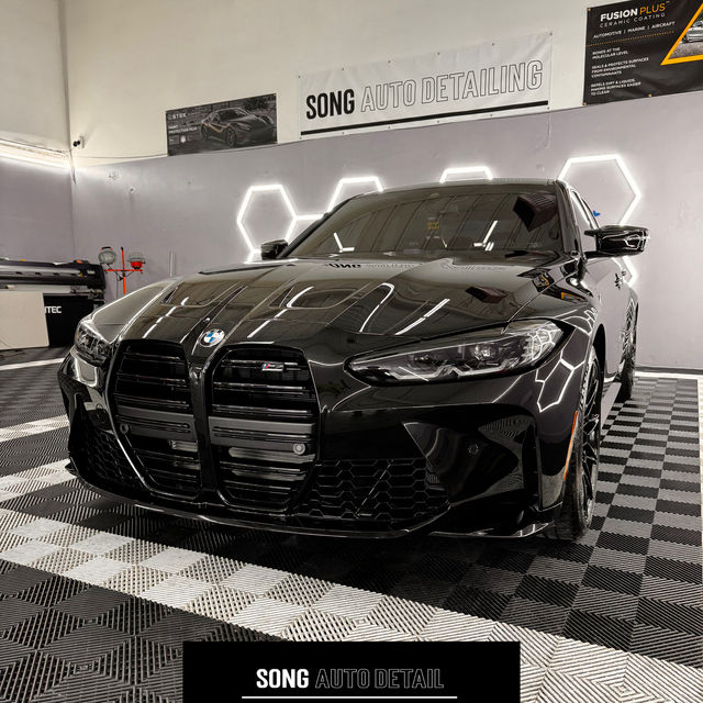 Black BMW at Song Auto Detailing with honeycomb lights, Santa Clara CA