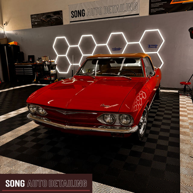Red Chevrolet Corvair at Song Auto Detailing shop, Santa Clara CA