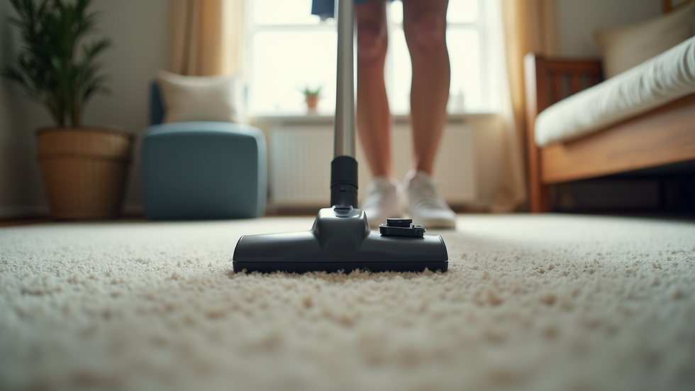 Eye-level view of a woman vacuuming a carpet in a home setting
