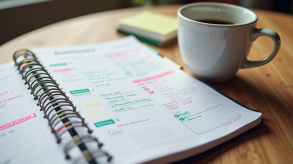 Close-up view of a study planner with colorful notes and a cup of coffee