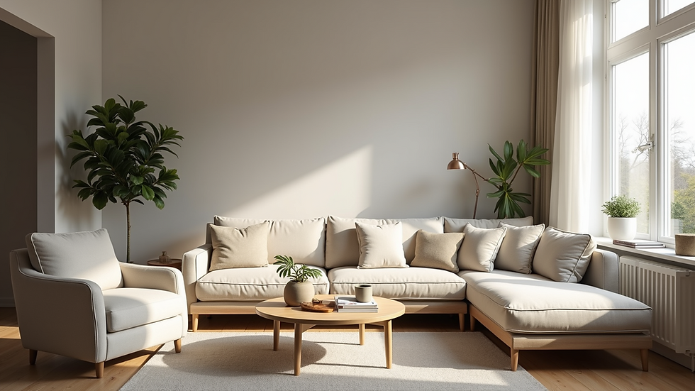 High angle view of a tidy living room with modern furnishings
