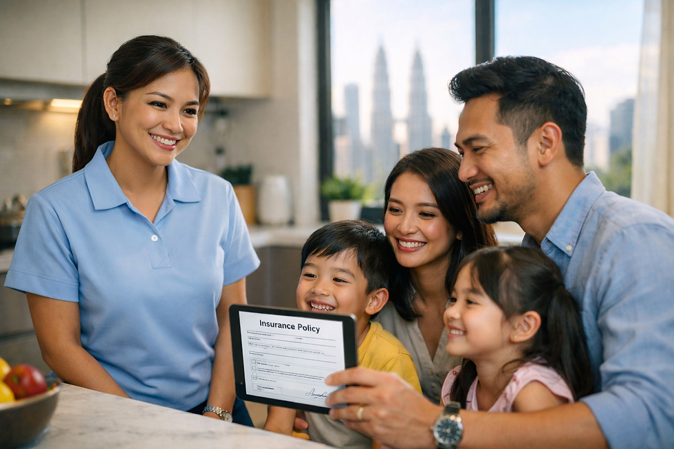 Smiling Filipino maid and Malaysian family looking at maid medical insurance policy on a tablet in a modern kitchen.