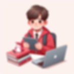 An animated image of a chinese student holding using his tablet and laptop to study. The theme color is red, pink and white.