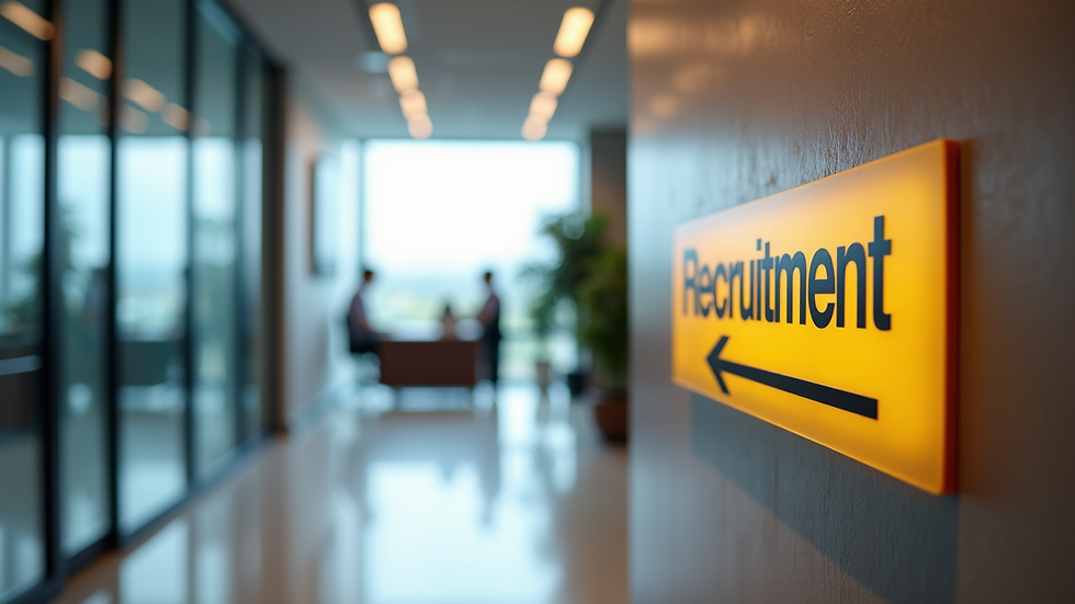 Eye-level view of a modern office reception area with a recruitment agency sign