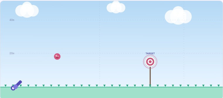 Screenshot of the free 2D kinematics virtual lab and projectile motion simulator game mode.
