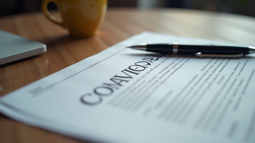 Close-up view of a contract document with a pen on a wooden table