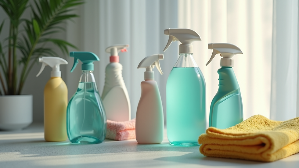 Close-up view of a selection of cleaning supplies arranged neatly