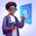 n educational scene featuring augmented reality (AR) technology, where a student wears HoloLens goggles and holds a book. The student engages with an interactive screen visible only through the AR device, seamlessly blending digital content with the physical world for an immersive learning experience.