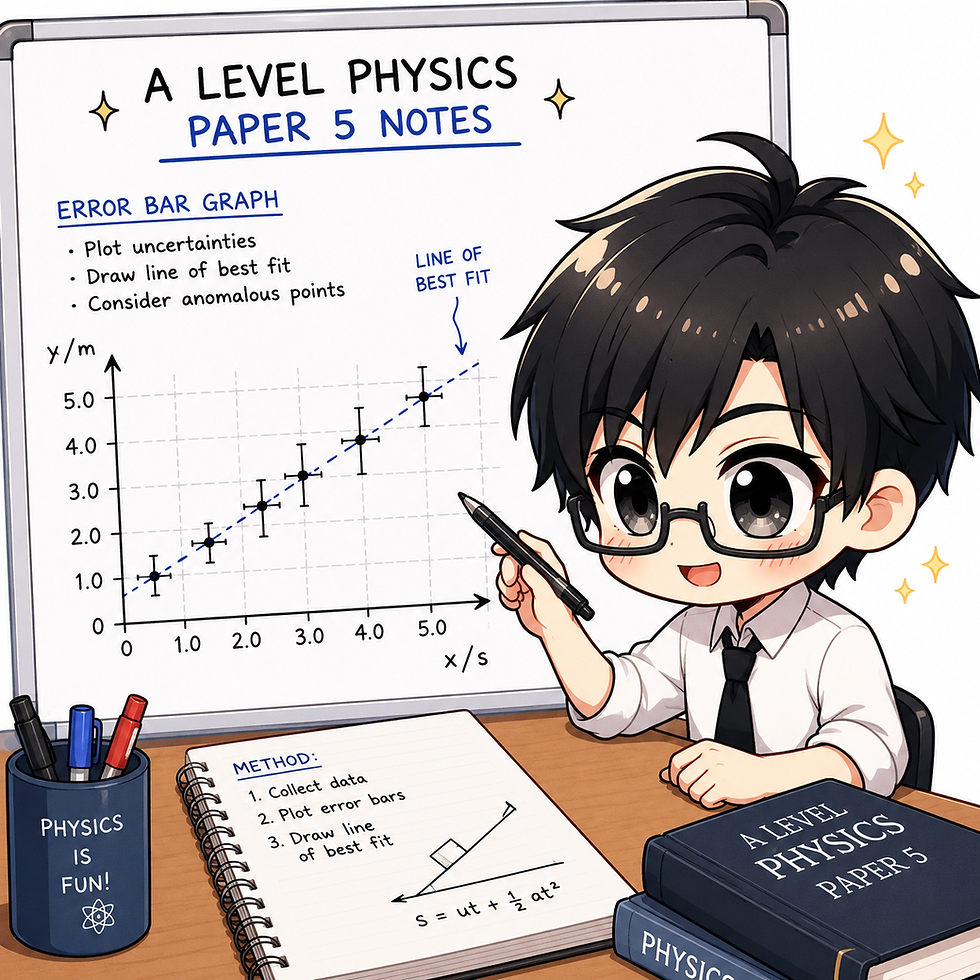 Chibi student drawing an error bar graph with line of best fit for A Level Physics Paper 5 notes