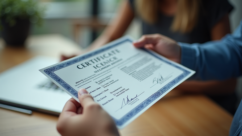 Close-up view of a hand holding a verified license certificate