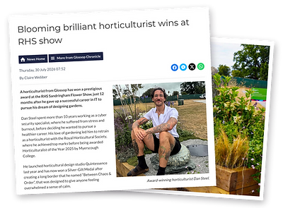 Clipping of the Glossop Chronicle article Blooming brilliant horticulturist wins at RHS show, with Dan Steel sitting in his show garden