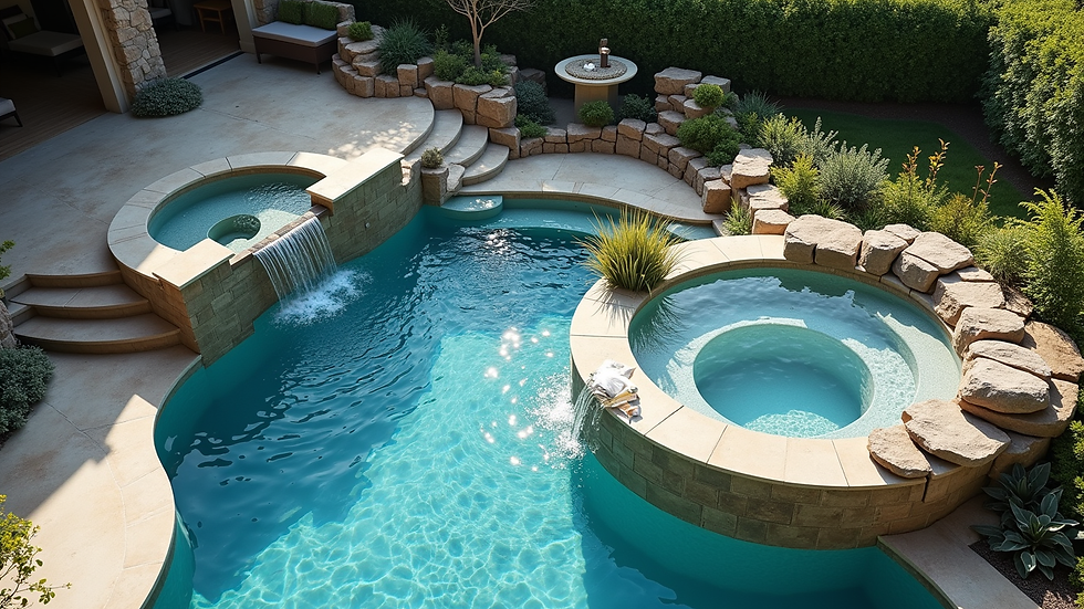 High angle view of a multi-level luxury pool with integrated spa and waterfall feature