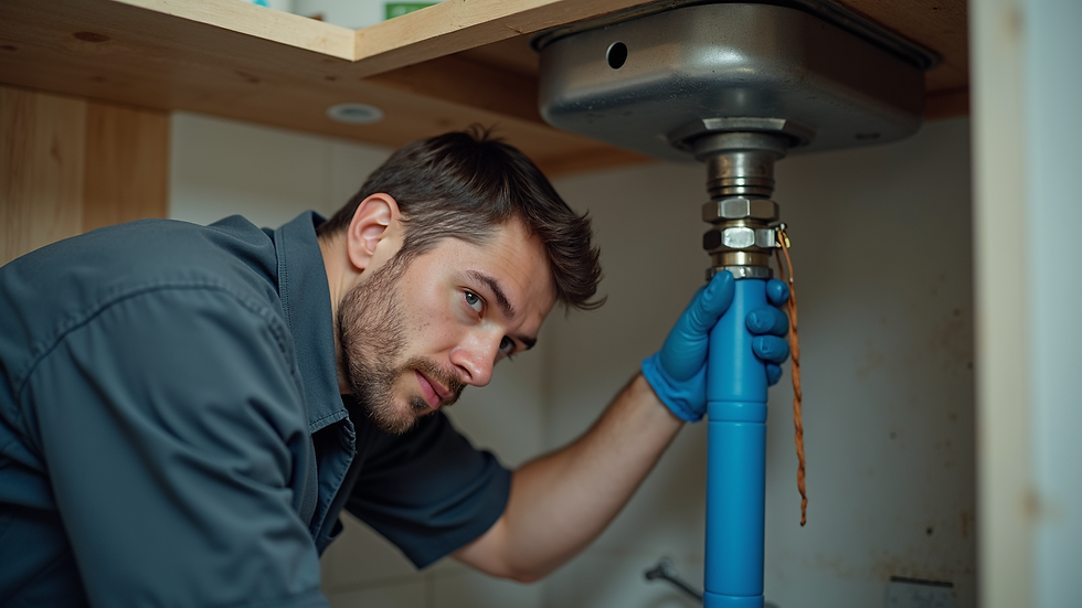 Eye-level view of a home inspector checking plumbing pipes under a sink