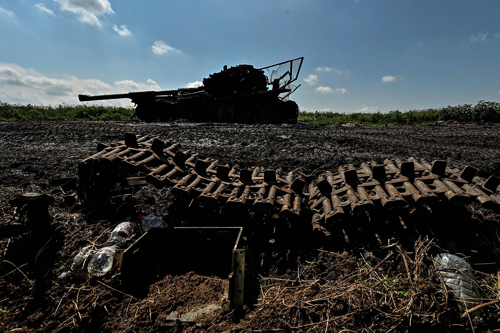 A destroyed Russian tank in Novodarivka, Ukraine, July 2023
